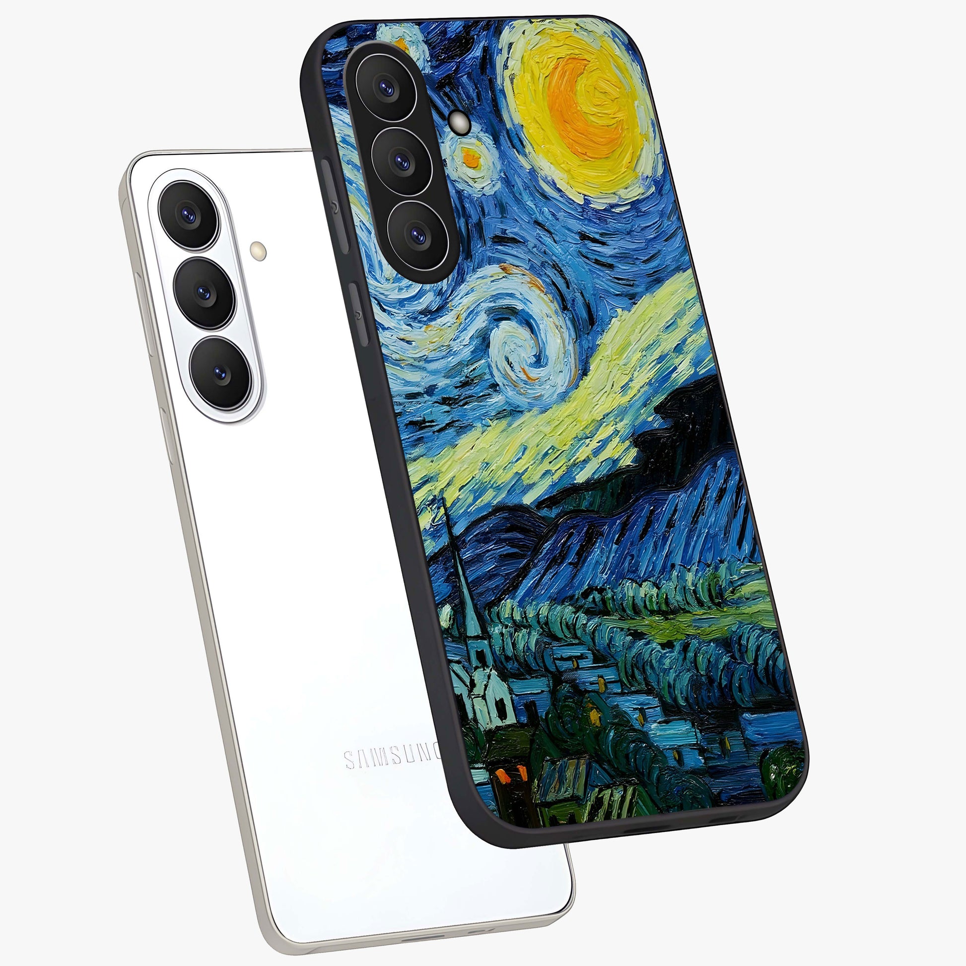 Van Gogh Art Glass Case displayed in angled mockup highlighting swirling brushstroke design with artistic aesthetic.
