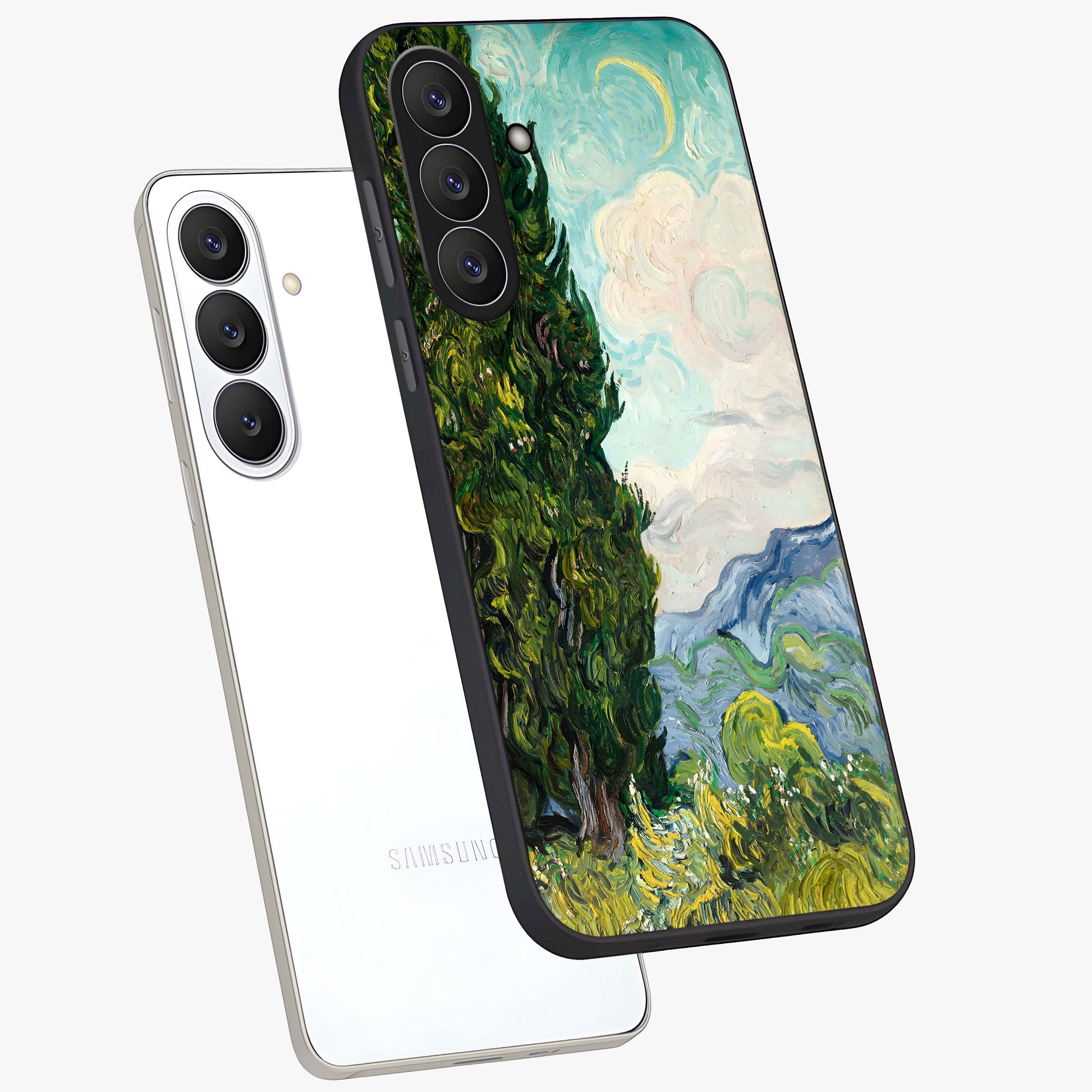 Van Gogh Vintage Art Glass Case displayed in angled mockup highlighting textured brushstroke design with classic aesthetic.