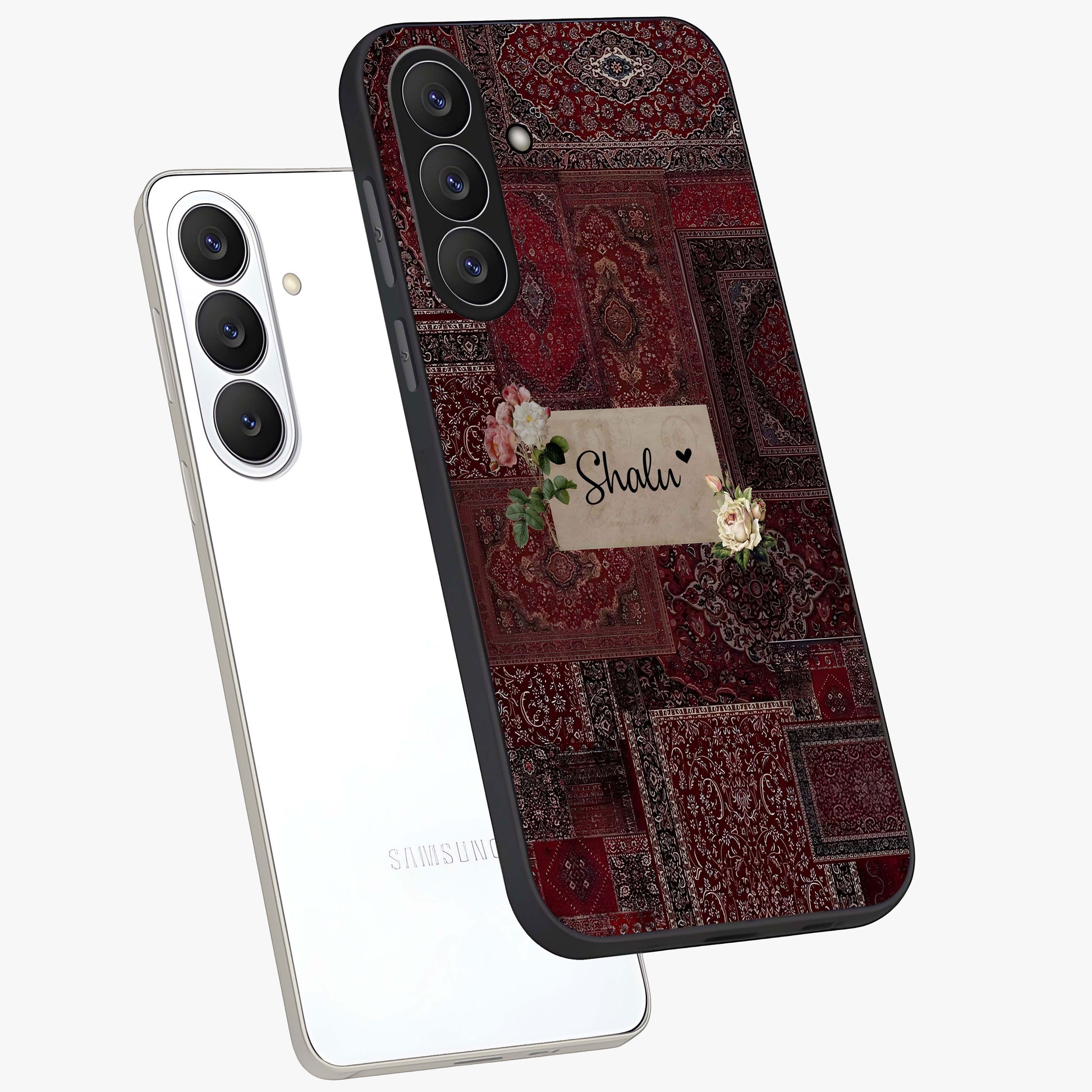 Velvet Wine Pattern Custom Name Glass Case displayed in angled mockup highlighting decorative velvet inspired design with custom name feature.