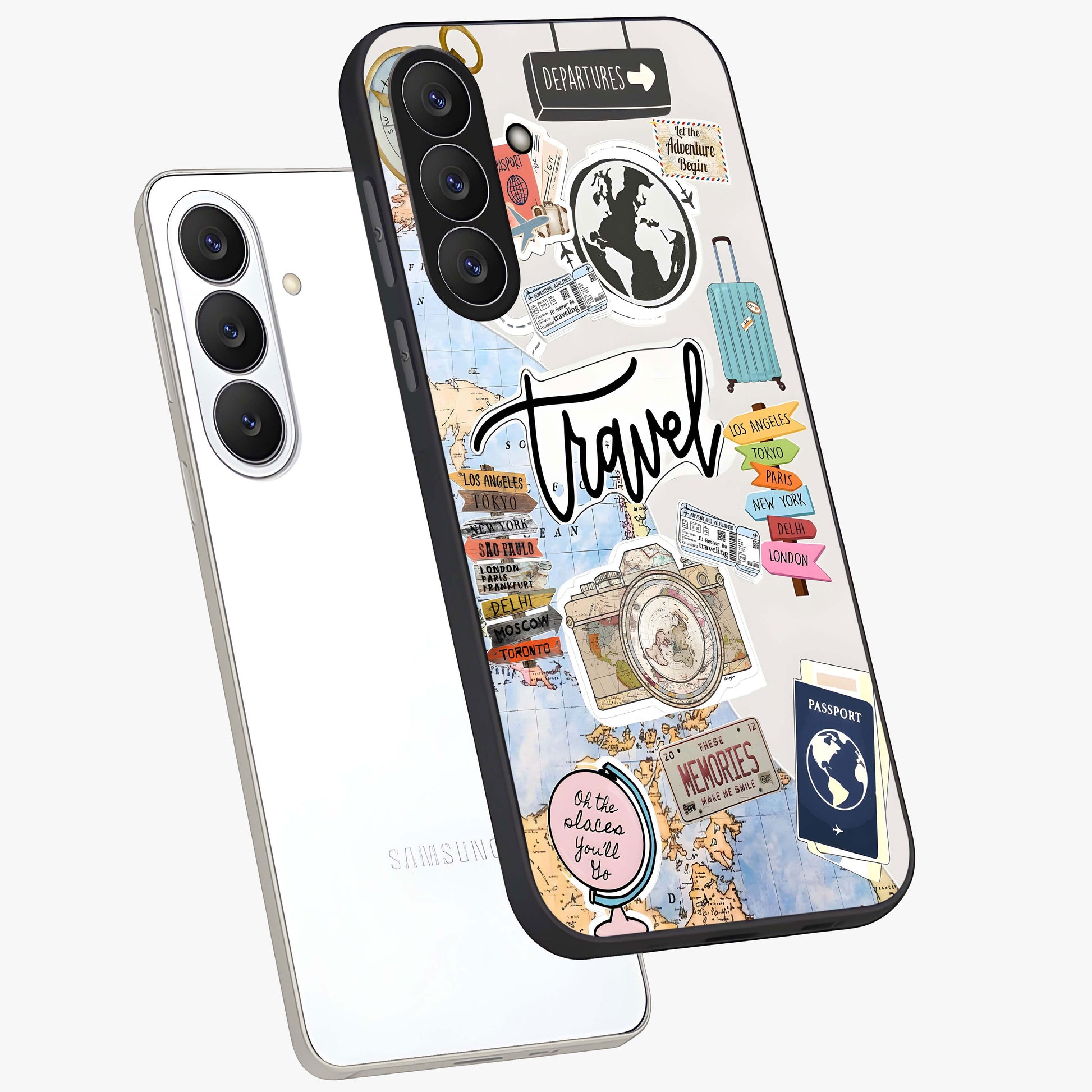 Wanderlust Journal Glass Case displayed in angled mockup highlighting adventure themed design with aesthetic travel vibe.