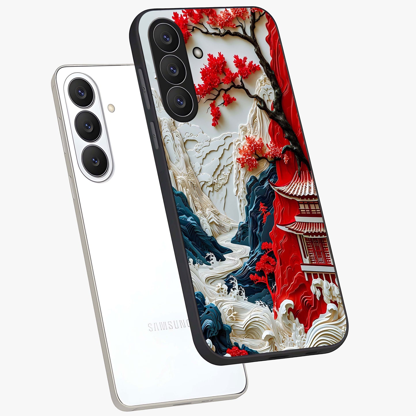 Whispers Of Sakura Waves Glass Case displayed in angled mockup highlighting flowing sakura design with soft floral aesthetic.