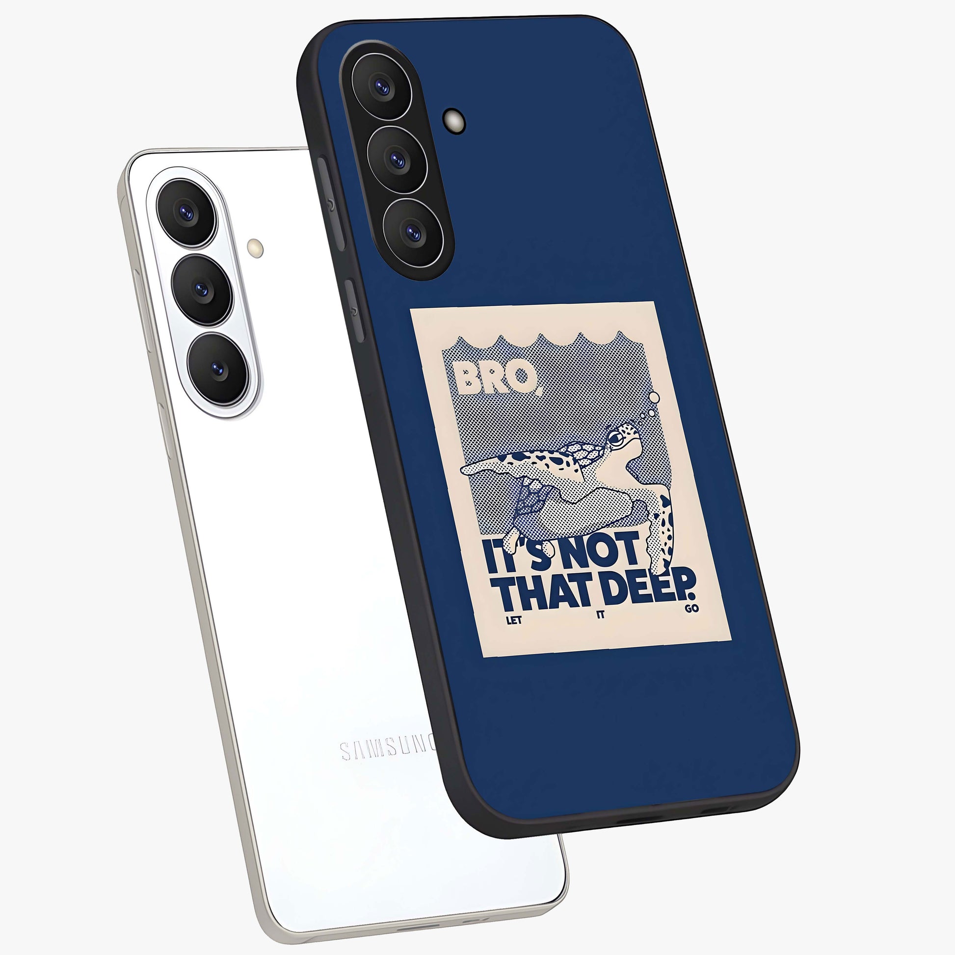 Worry Less Swim Glass Case displayed in angled mockup highlighting fun typography design with relaxed aesthetic style.