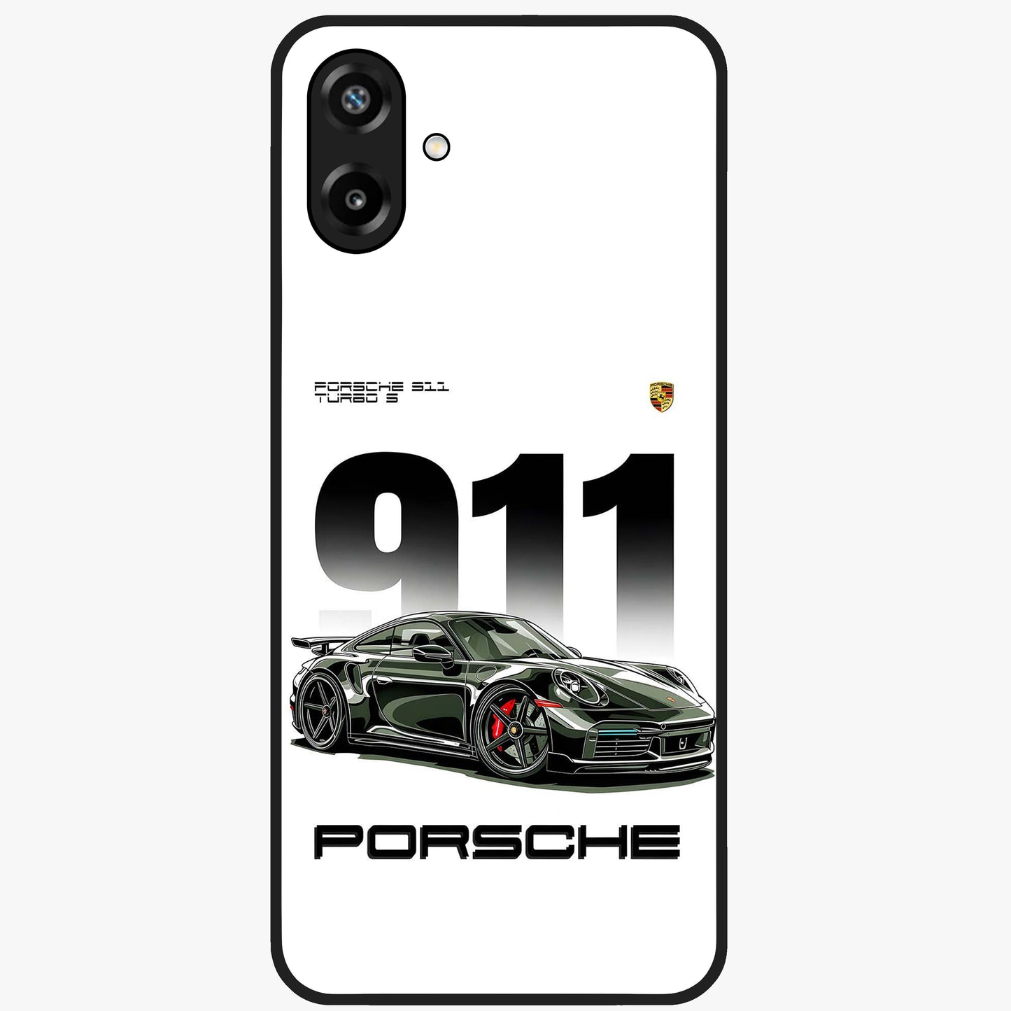 911 Turbo Dominance Glass Case showing clean flat back view with bold 911 sports car artwork and glossy glass finish.