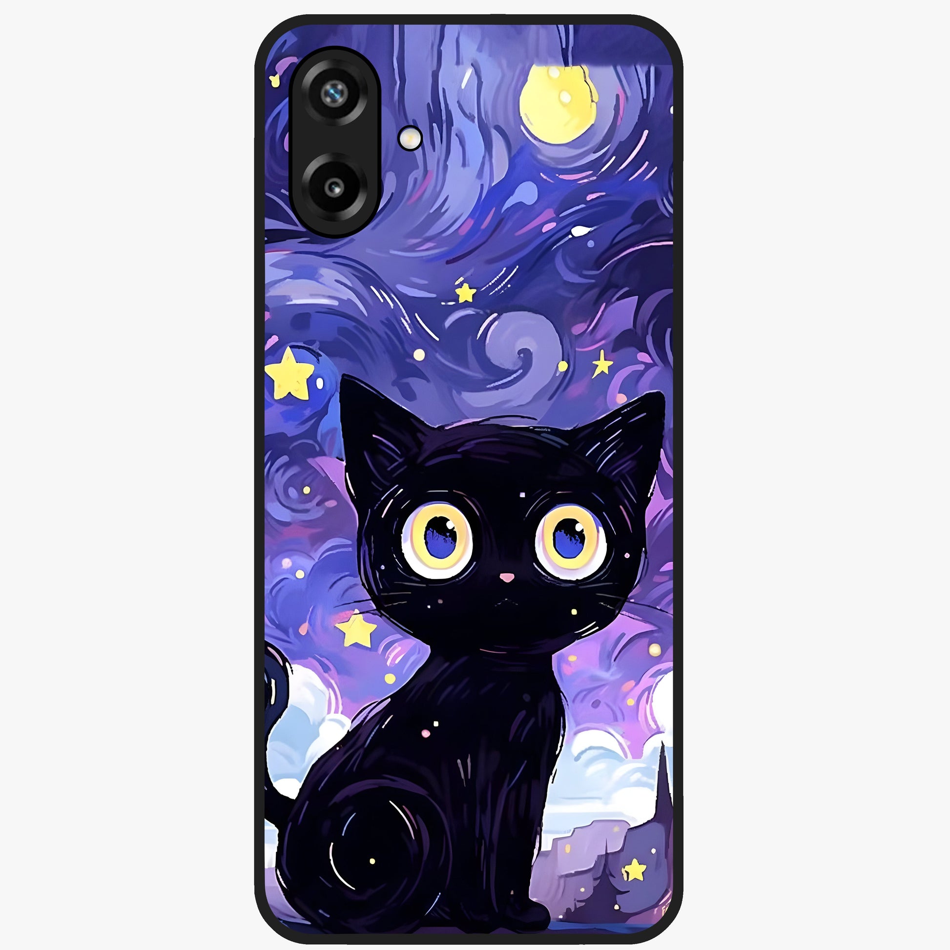Abstract Cat Art Glass Case showing flat back view with artistic cat illustration and glossy glass finish.