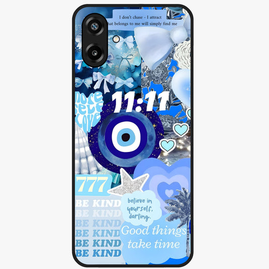 Aesthetic Be Kind Eye Glass Case showing flat back view with motivational eye artwork and glossy glass finish.
