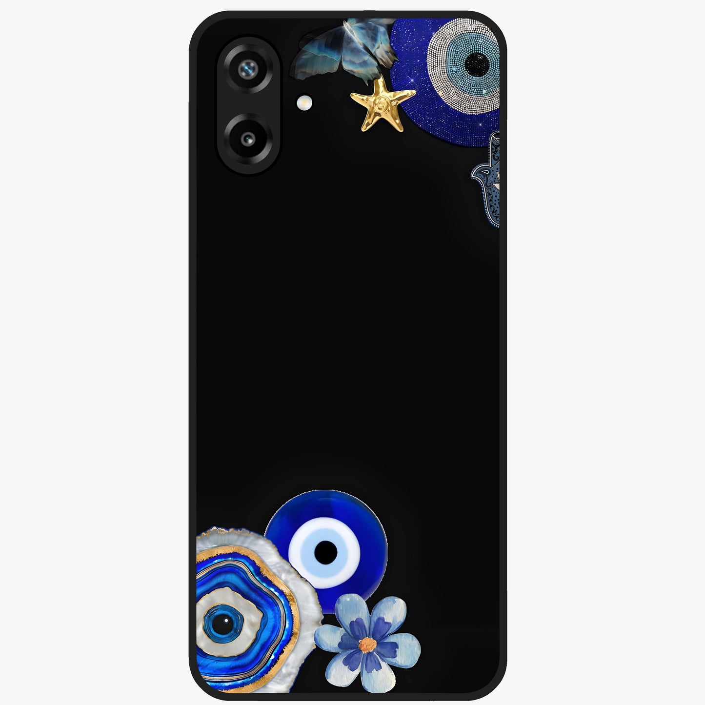 Aesthetic Blue Evil Eye Glass Case showing flat back view with protective evil eye artwork and glossy glass finish.