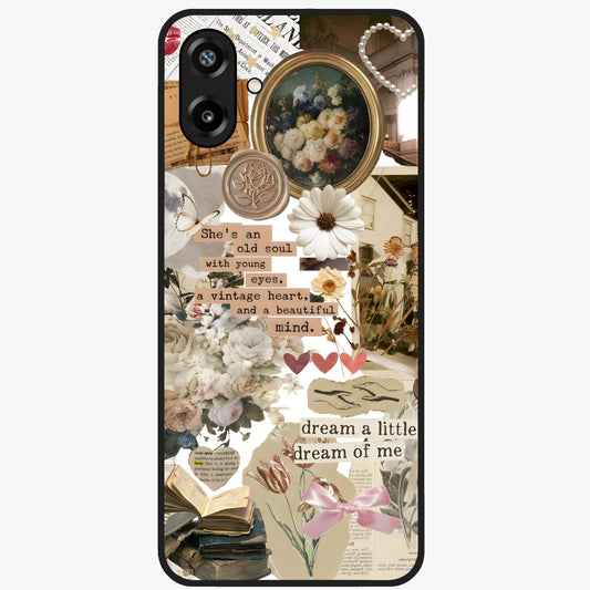 Aesthetic Brown Vintage Collage Glass Case showing flat back view with retro collage artwork and glossy glass finish.