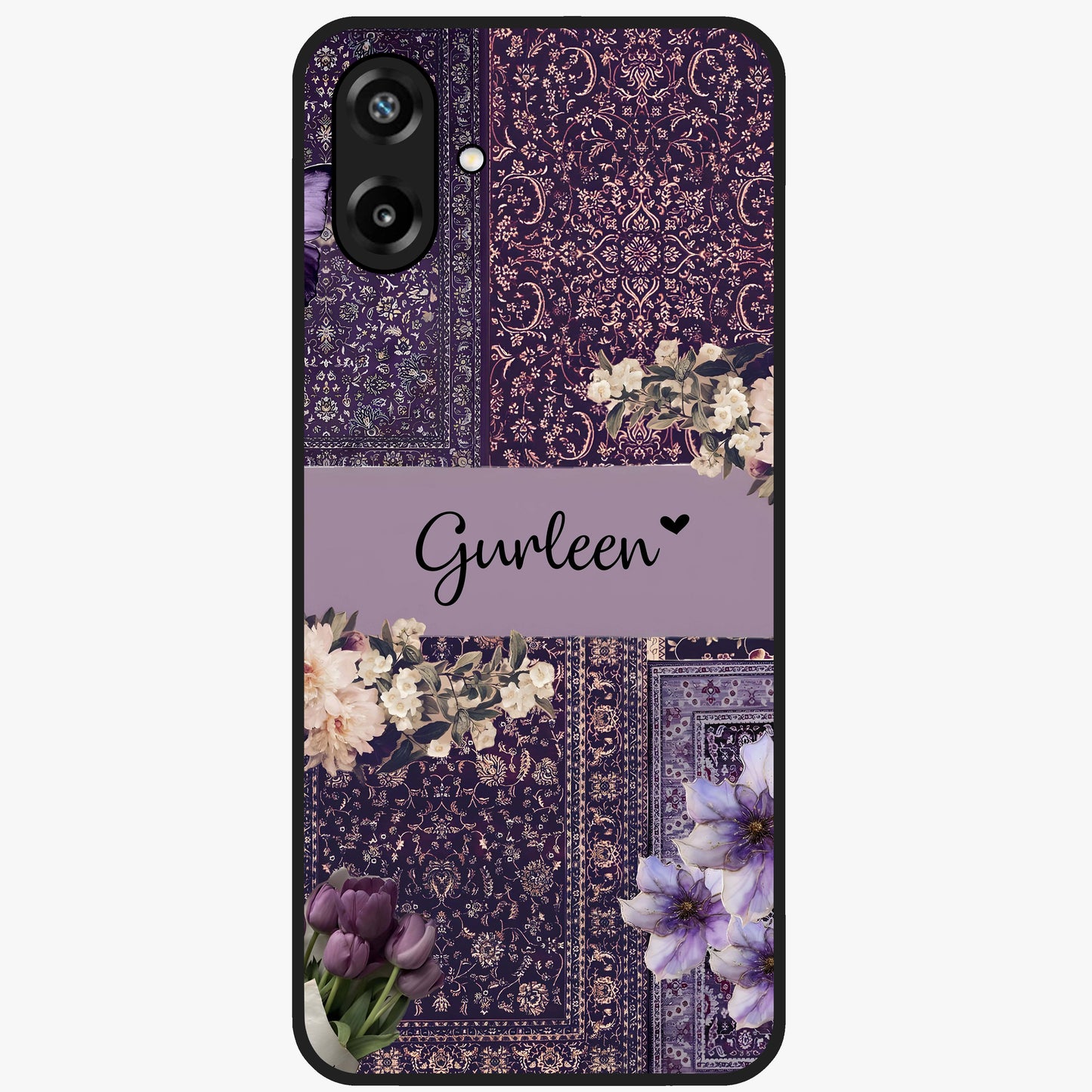 Antique Floral Whisper Custom Name Glass Case showing flat back view with vintage floral artwork and personalized name design.