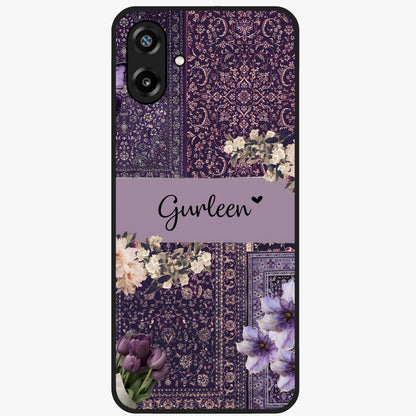 Antique Floral Whisper Custom Name Glass Case showing flat back view with vintage floral artwork and personalized name design.