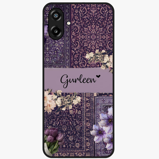 Antique Floral Whisper Custom Name Glass Case showing flat back view with vintage floral artwork and personalized name design.
