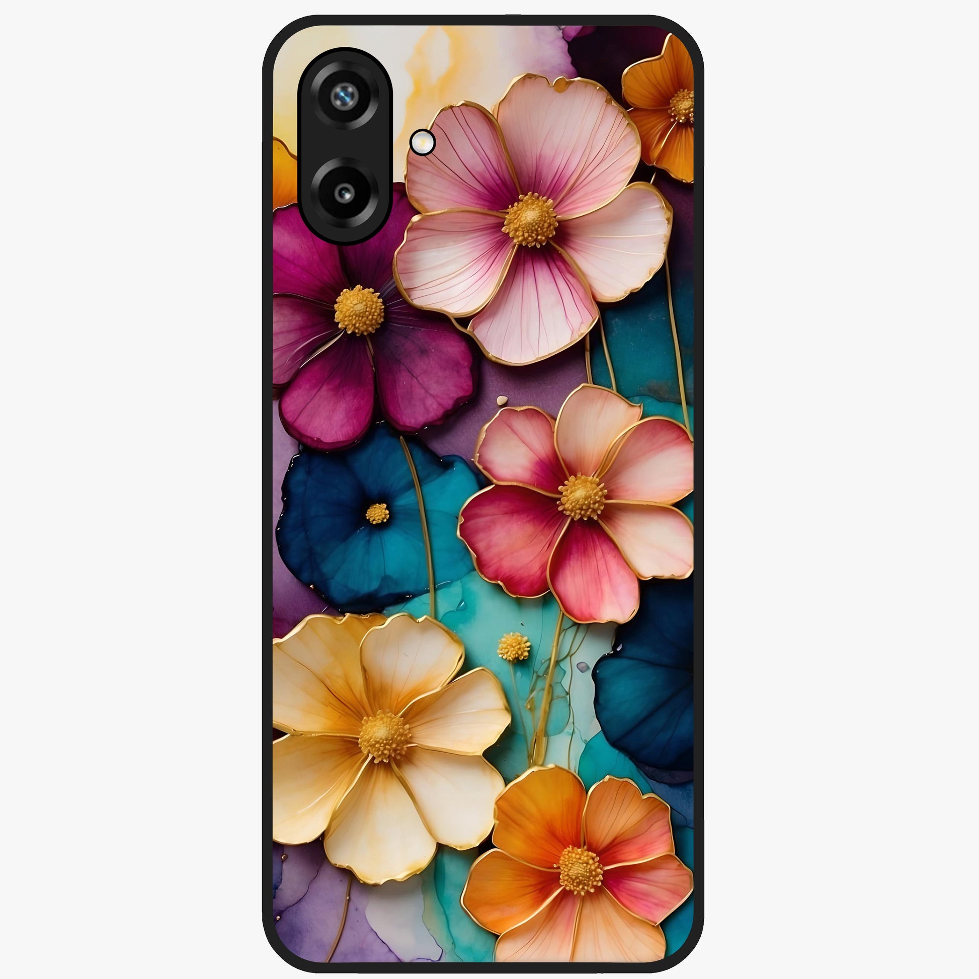 Artlyn Grace Flower Pattern Glass Case showing flat back view with elegant floral pattern artwork and glossy glass finish.