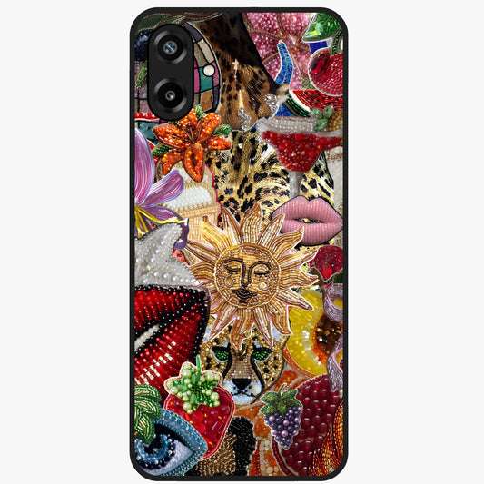 Beaded Fashion Jungle Glass Case showing flat back view with vibrant jungle inspired bead artwork and glossy glass finish.