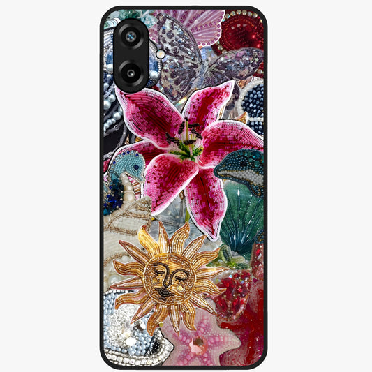 Beaded Garden Fantasy Glass Case showing flat back view with dreamy garden bead artwork and glossy glass finish.