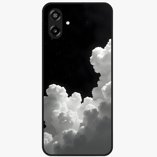 Black Background With White Cloud Glass Case showing flat back view with minimal cloud artwork on dark background and glossy glass finish.