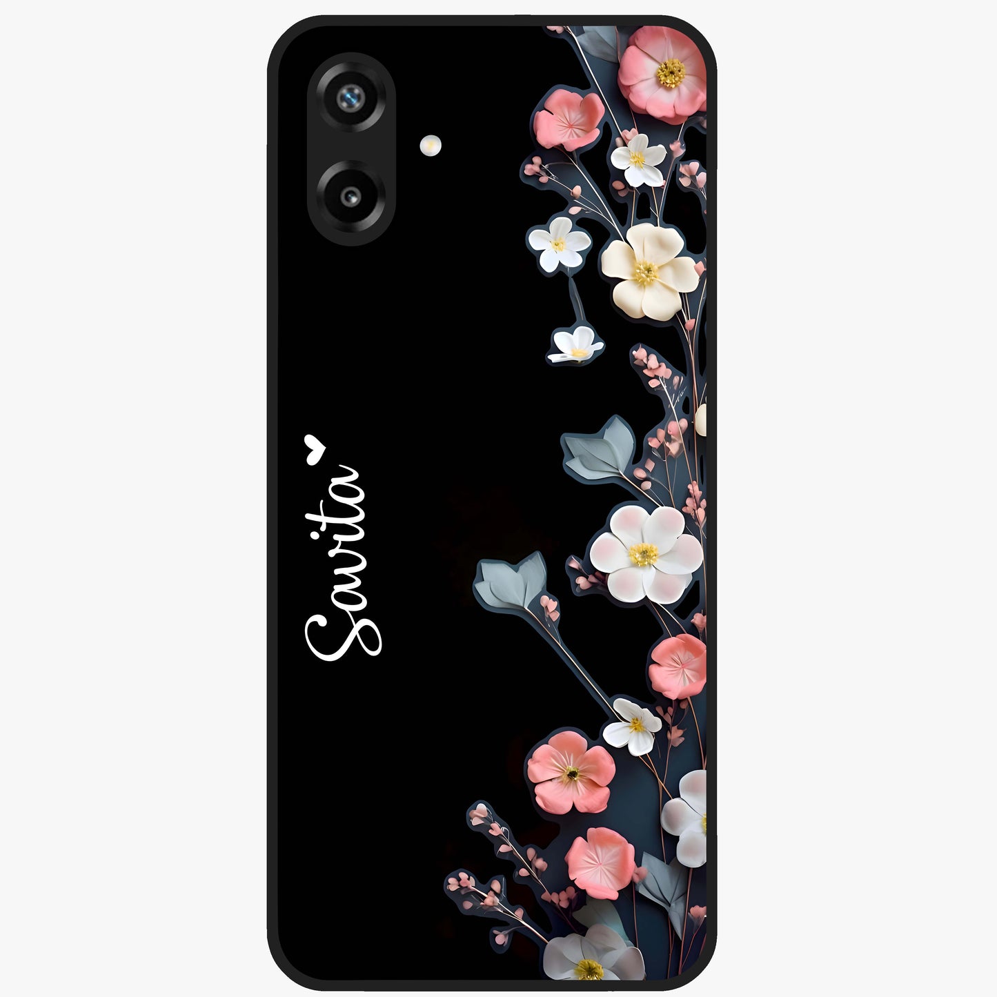 Black Elegance Floral Custom Name Glass Case showing flat back view with elegant floral artwork and personalized name design.