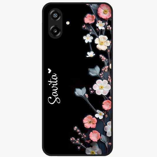 Black Elegance Floral Custom Name Glass Case showing flat back view with elegant floral artwork and personalized name design.