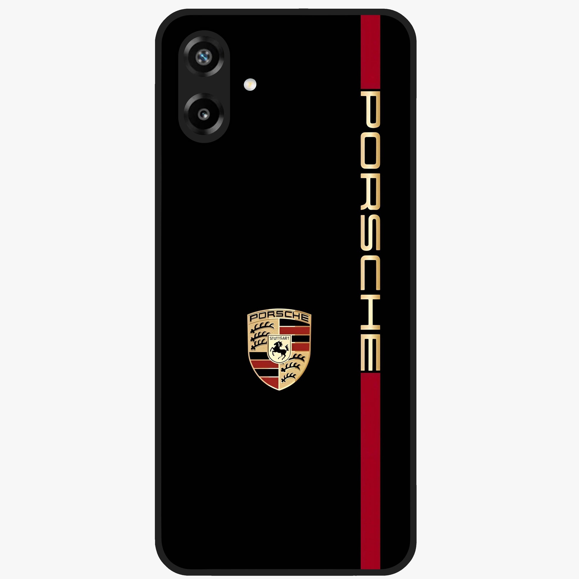 Black Minimal Porsche Glass Case showing flat back view with sleek minimal sports car artwork and glossy glass finish.