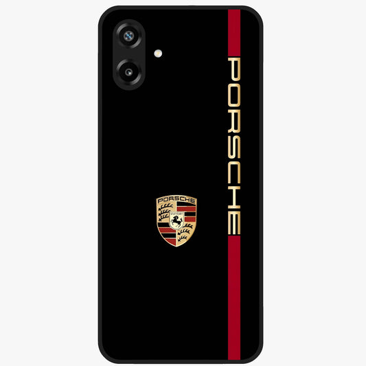 Black Minimal Porsche Glass Case showing flat back view with sleek minimal sports car artwork and glossy glass finish.