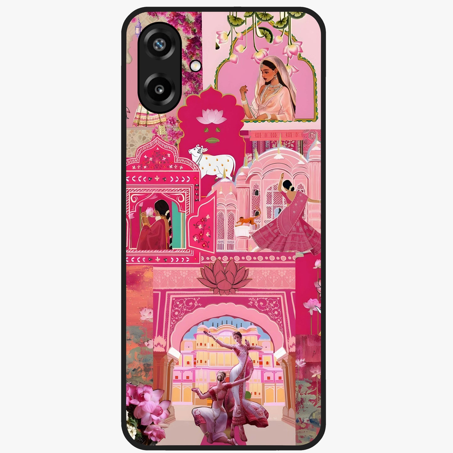 Blossoms of Rajasthan Glass Case showing flat back view with traditional floral artwork inspired by Rajasthan and glossy glass finish.