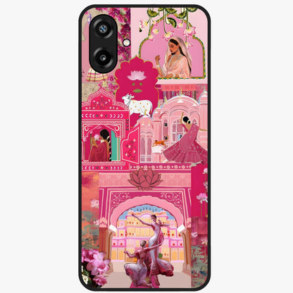 Blossoms of Rajasthan Glass Case showing flat back view with traditional floral artwork inspired by Rajasthan and glossy glass finish.