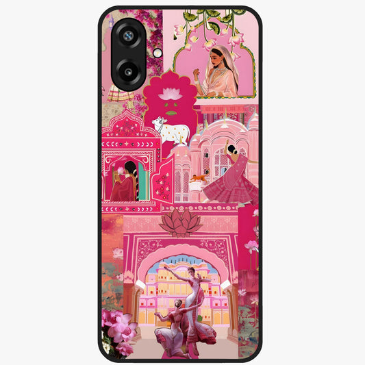 Blossoms of Rajasthan Glass Case showing flat back view with traditional floral artwork inspired by Rajasthan and glossy glass finish.