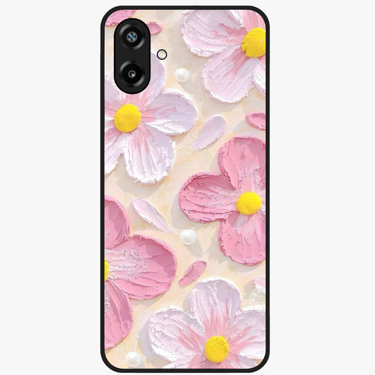 Blush Bloom Texture Glass Case showing flat back view with soft blush floral texture artwork and glossy glass finish.