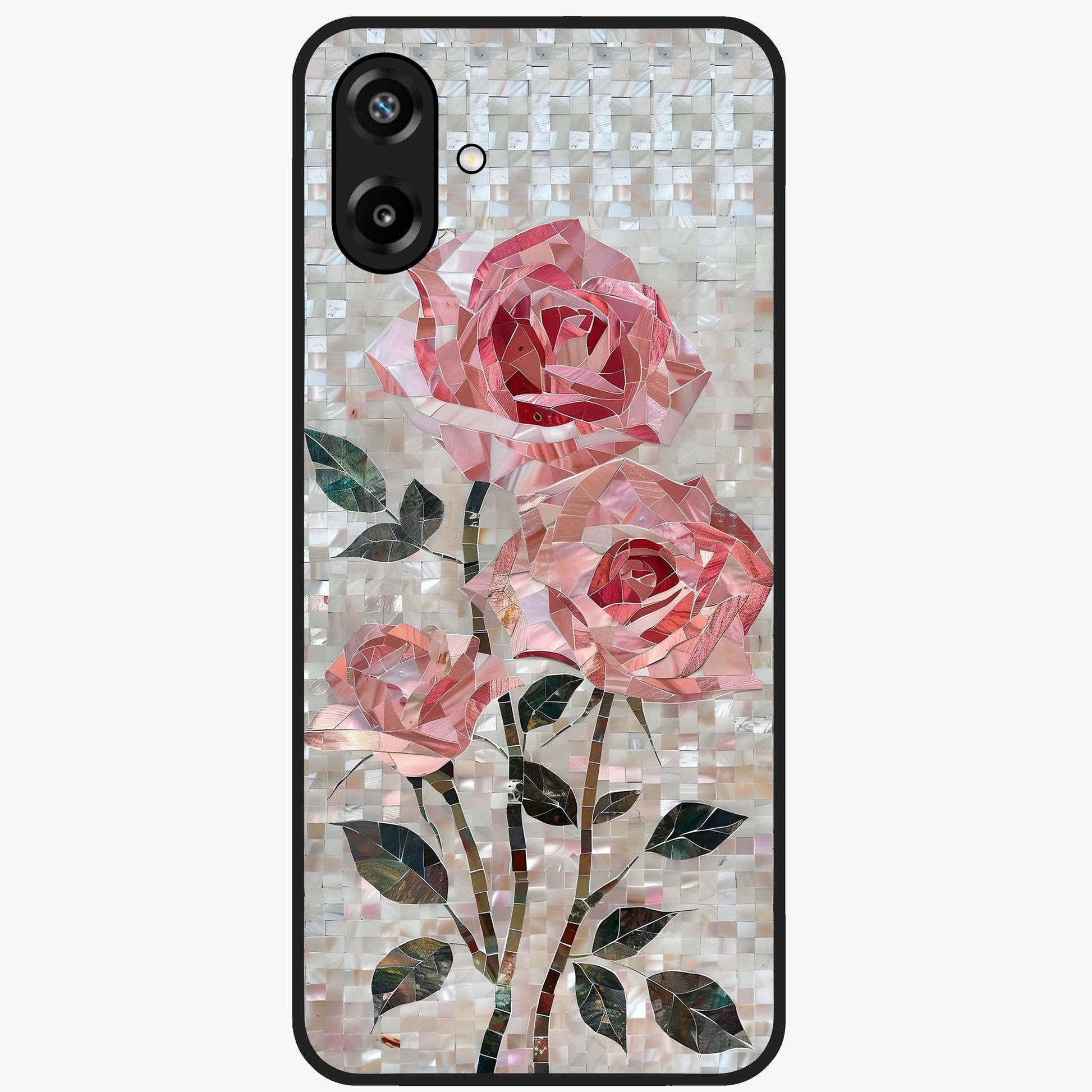 Blush Mosaic Bloom Glass Case showing flat back view with mosaic floral bloom artwork and glossy glass finish.