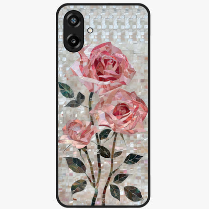 Blush Mosaic Bloom Glass Case showing flat back view with mosaic floral bloom artwork and glossy glass finish.