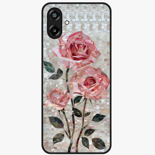 Blush Mosaic Bloom Glass Case showing flat back view with mosaic floral bloom artwork and glossy glass finish.