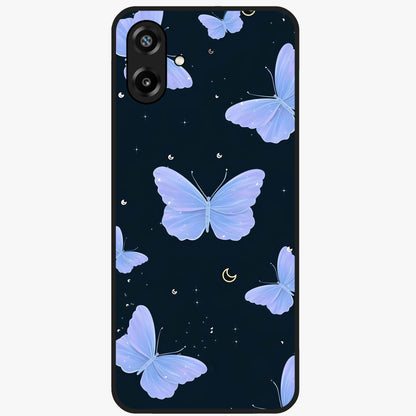 Butterfly With Stars Pattern Glass Case showing flat back view with butterfly and star pattern artwork and glossy glass finish.