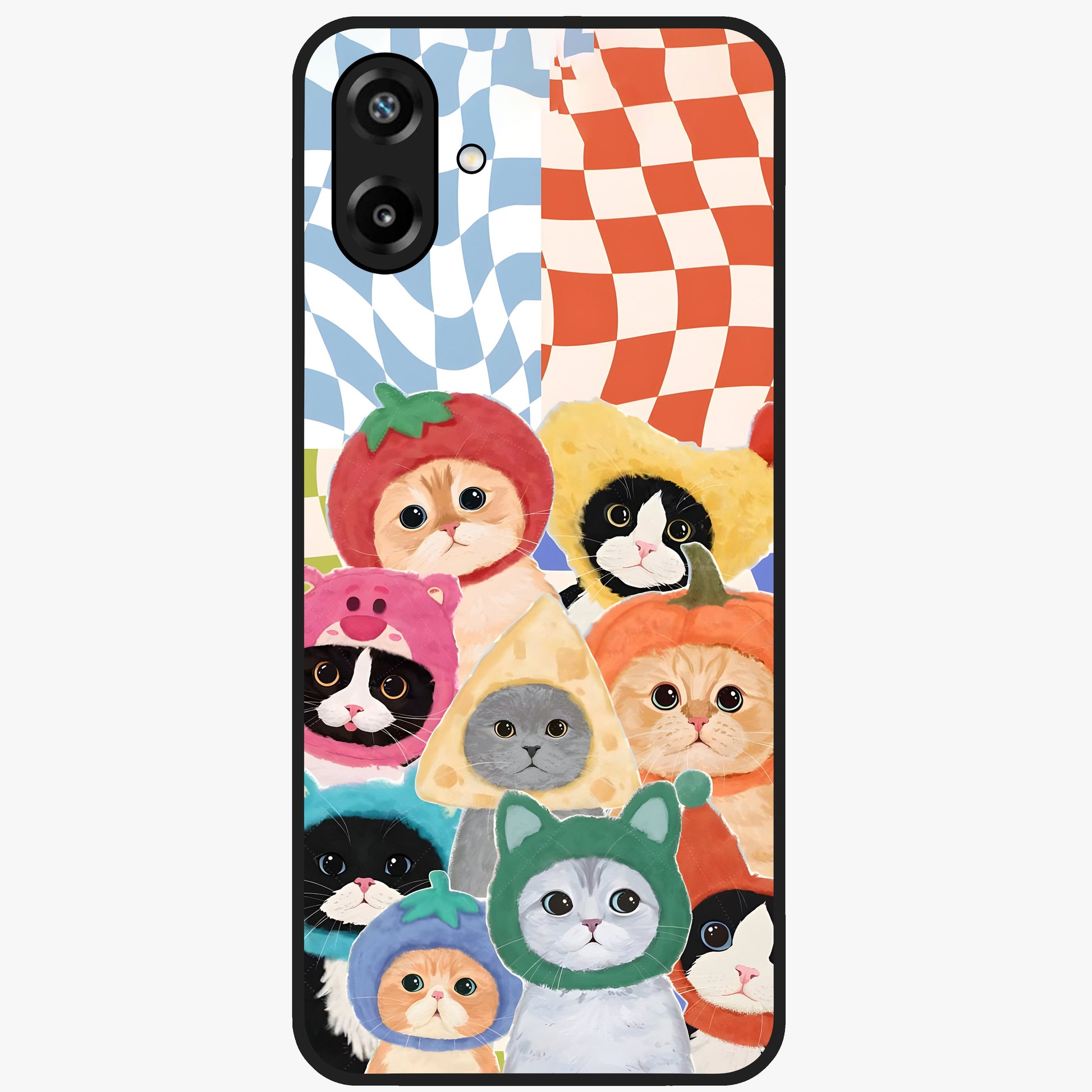Cats in Fruits Glass Case showing flat back view with playful cat illustrations inside fruit artwork and glossy glass finish.