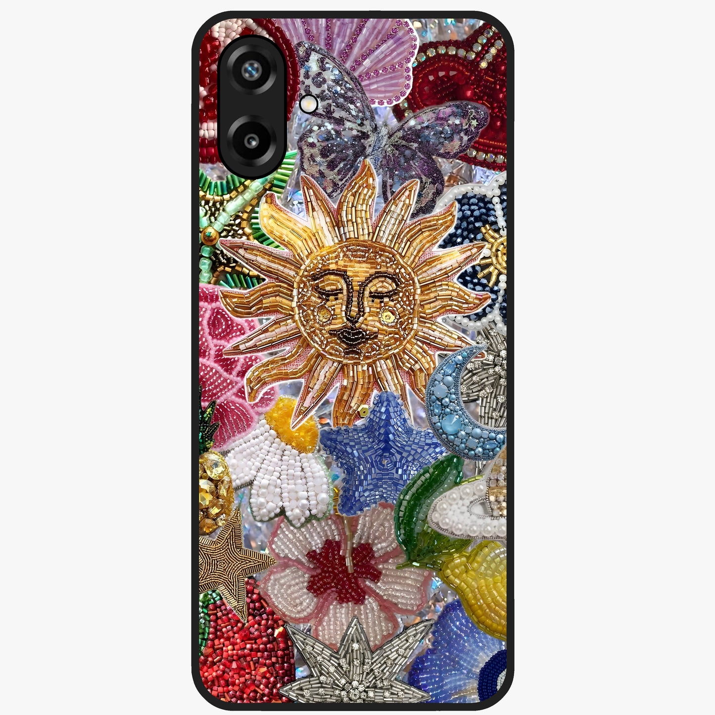 Celestial Floral and Playful Glass Case showing flat back view with floral and celestial themed artwork and glossy glass finish.