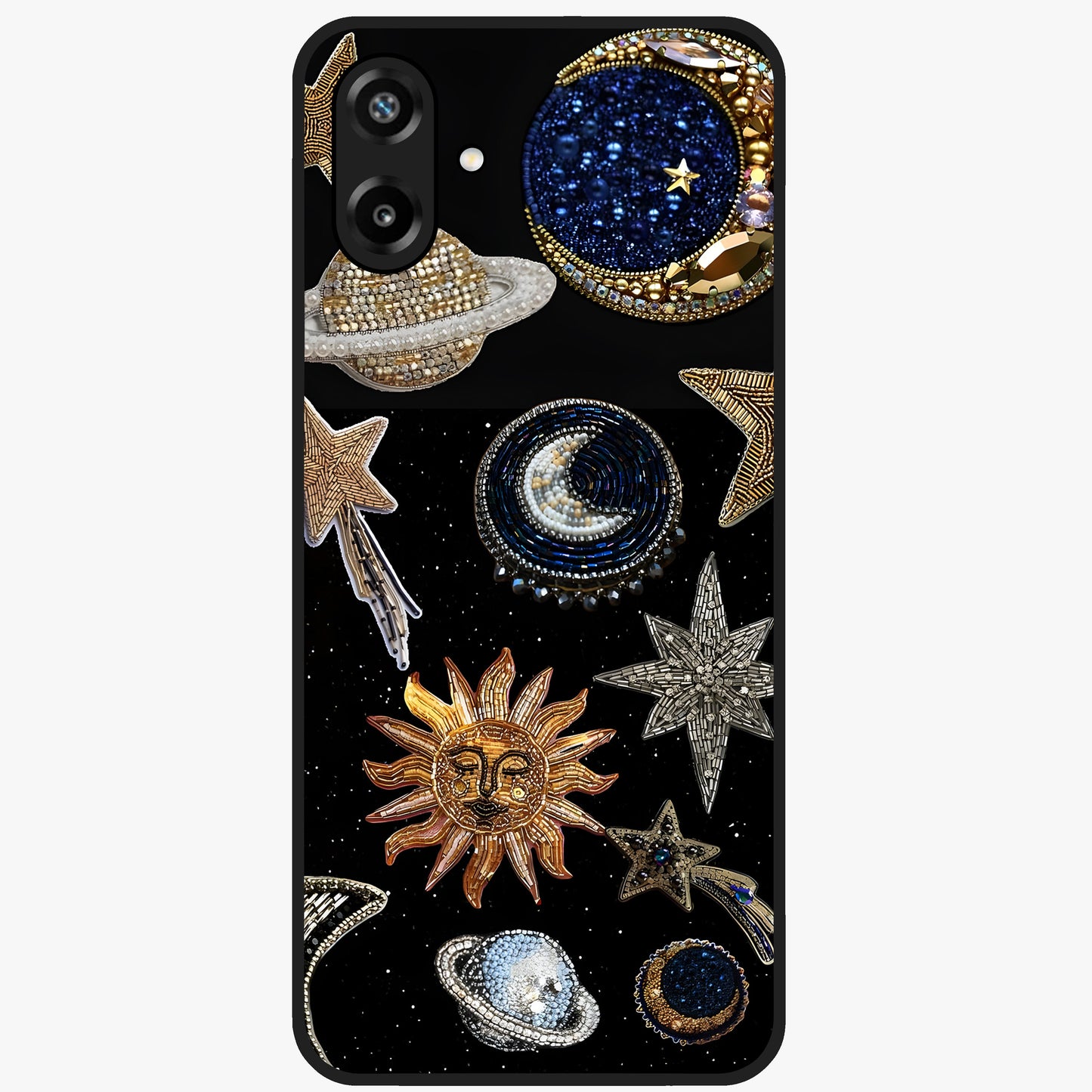 Celestial Gem Constellations Glass Case showing flat back view with sparkling constellation artwork and glossy glass finish.