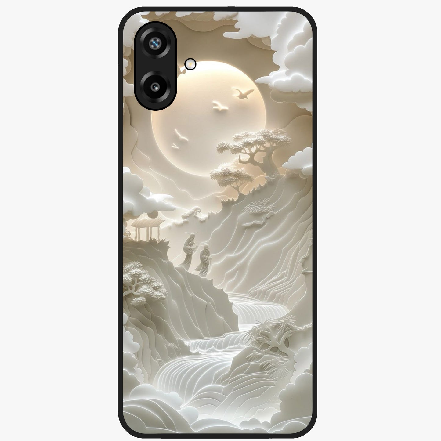 Celestial Origami Glass Case showing flat back view with artistic origami inspired celestial artwork and glossy glass finish.