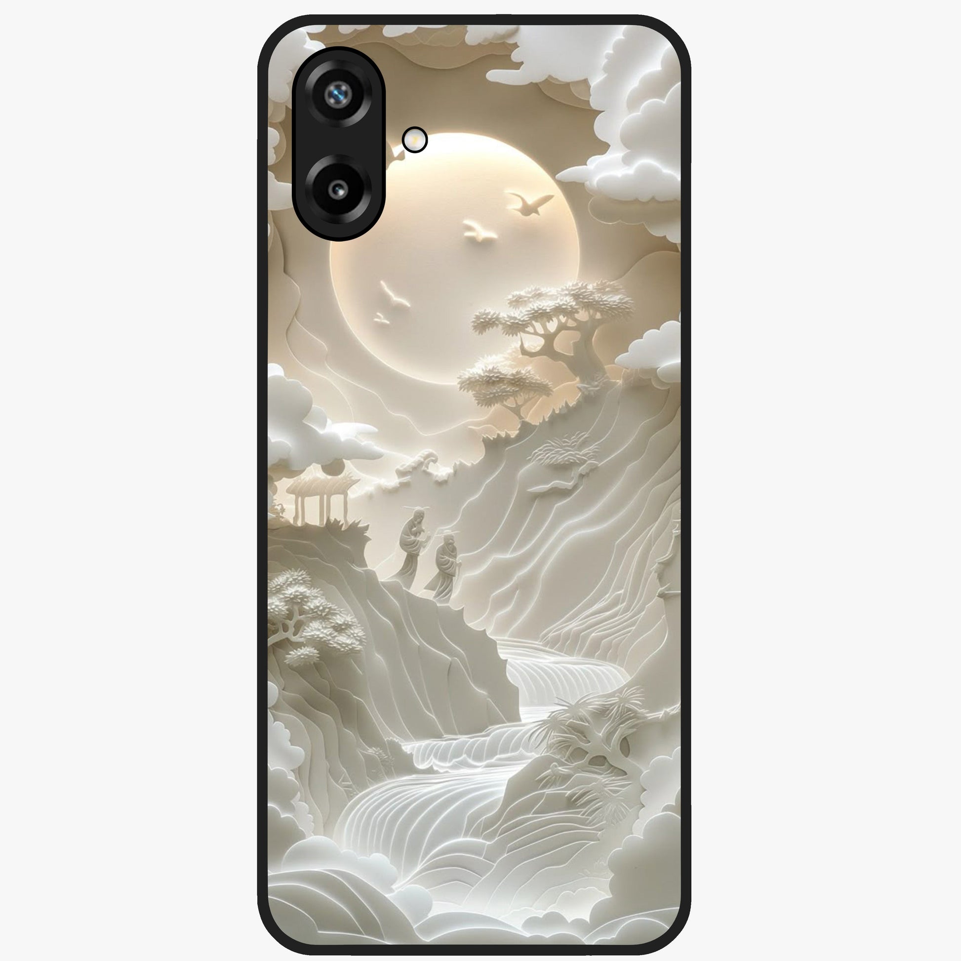 Celestial Origami Glass Case showing flat back view with artistic origami inspired celestial artwork and glossy glass finish.