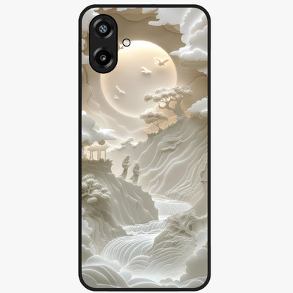 Celestial Origami Glass Case showing flat back view with artistic origami inspired celestial artwork and glossy glass finish.