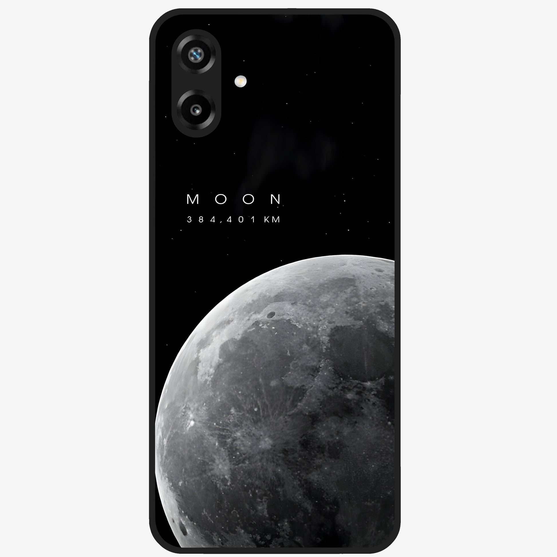 Cosmic Moon Glow Glass Case showing flat back view with glowing moon artwork and glossy glass finish.