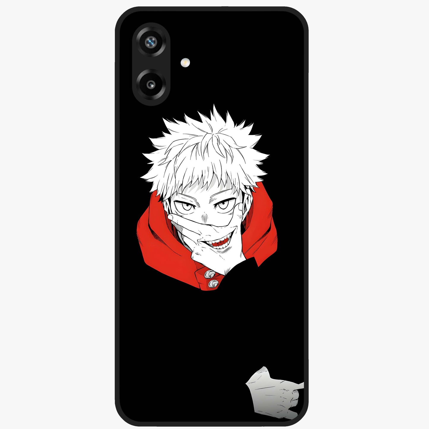 Crimson Chaos Smile Glass Case showing flat back view with bold chaotic smile artwork and glossy glass finish.