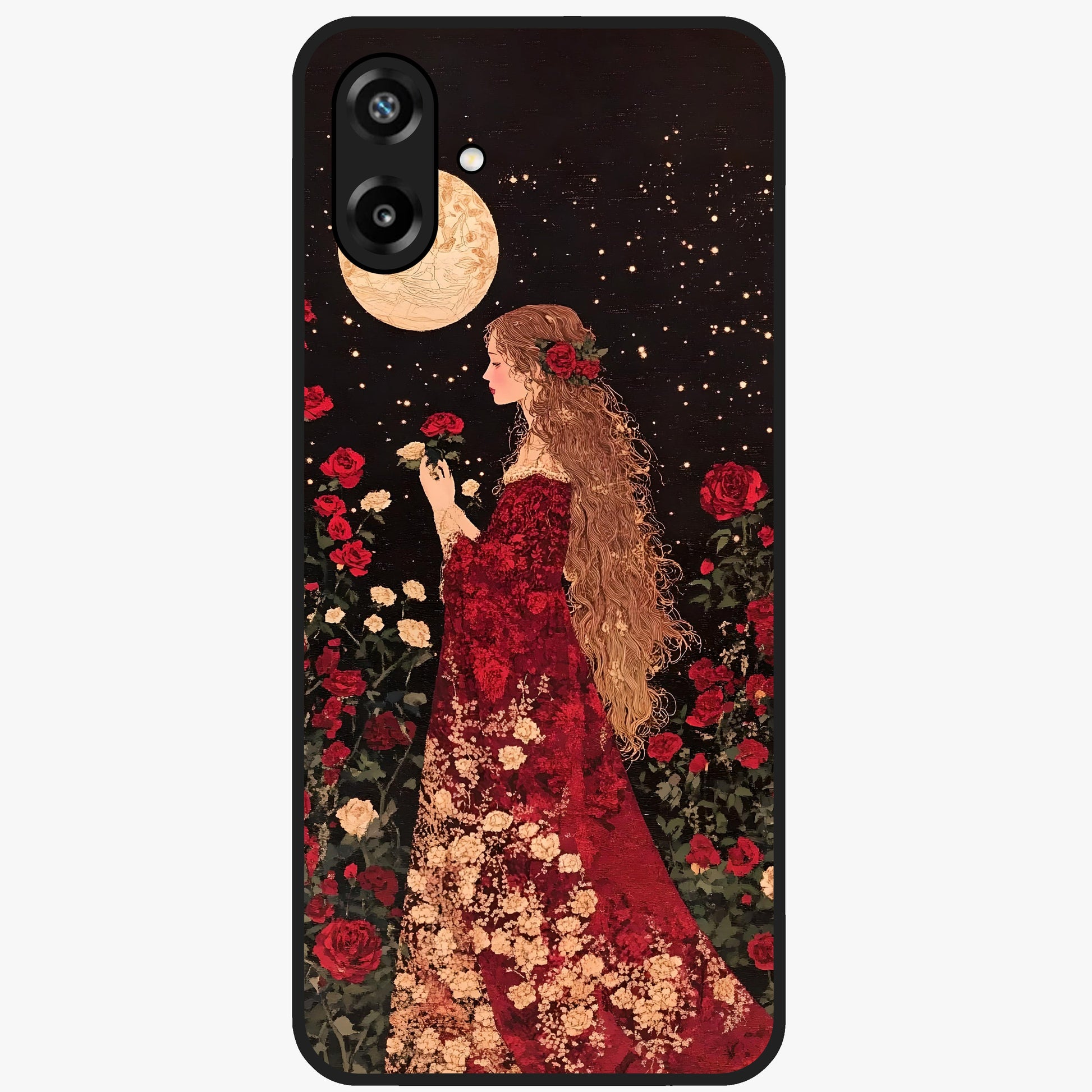 Crimson Dreams Glass Case showing flat back view with dreamy crimson artwork and glossy glass finish.