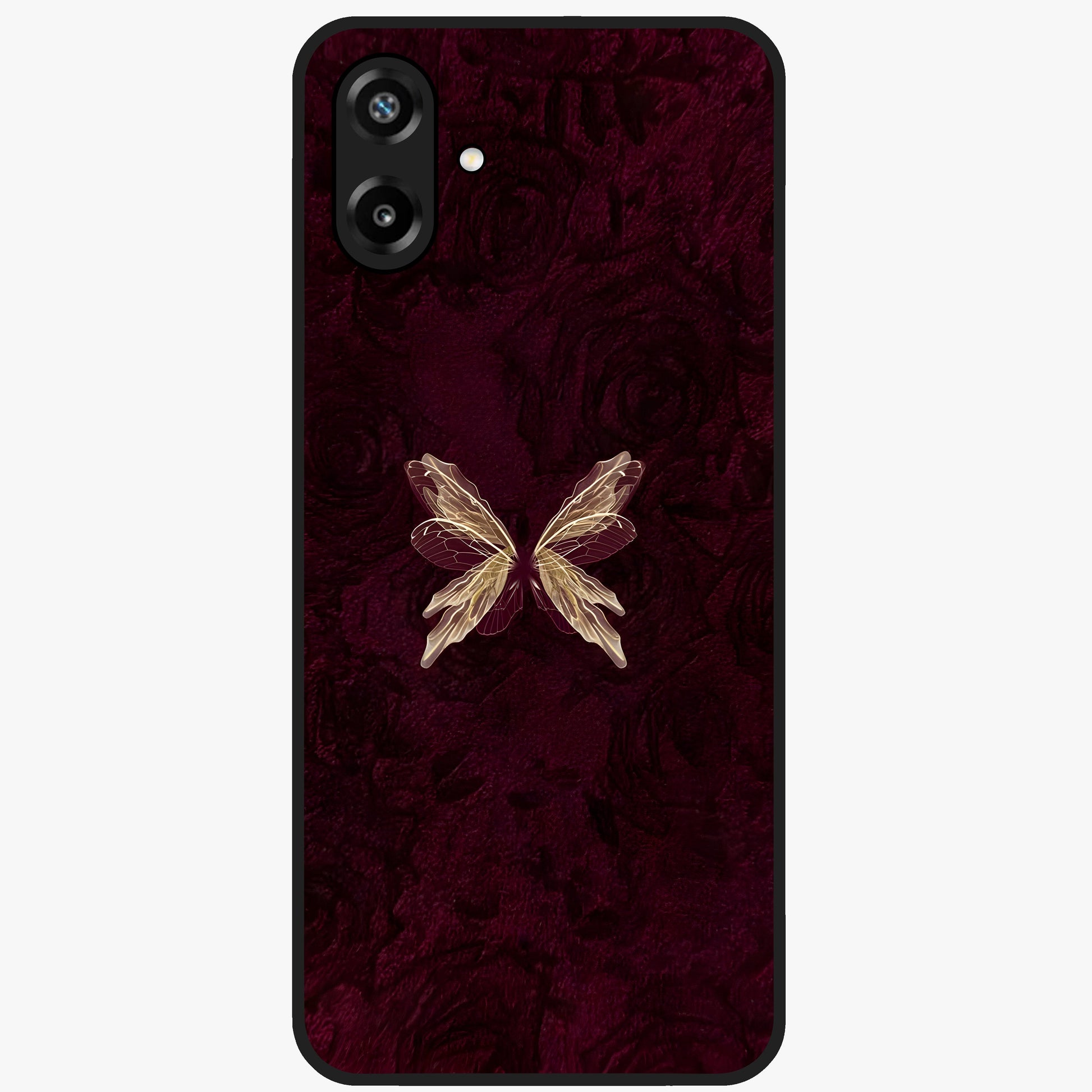 Crimson Fade Butterfly Glass Case showing flat back view with fading butterfly artwork and glossy glass finish.