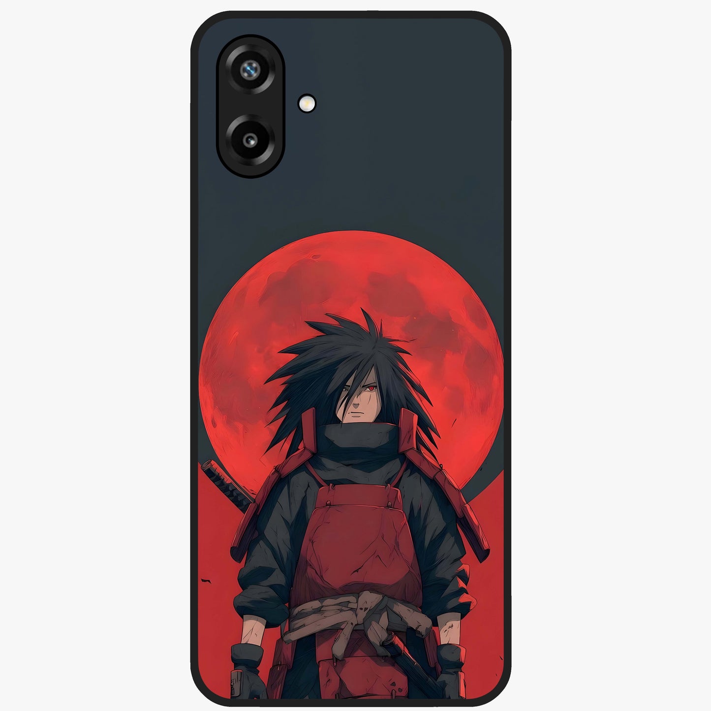 Crimson Moon Warlord Glass Case showing flat back view with mystical moon warrior artwork and glossy glass finish.