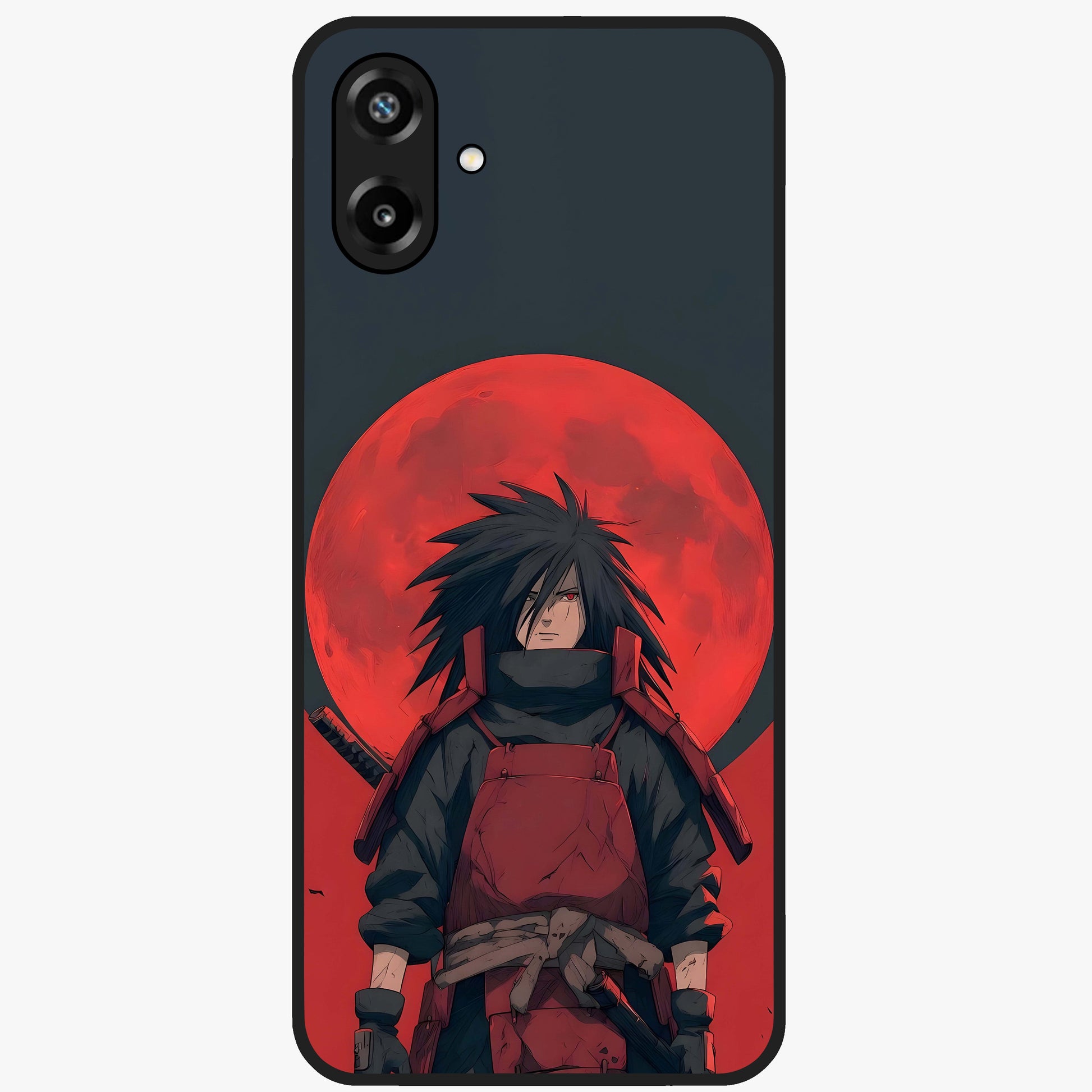 Crimson Moon Warlord Glass Case showing flat back view with mystical moon warrior artwork and glossy glass finish.