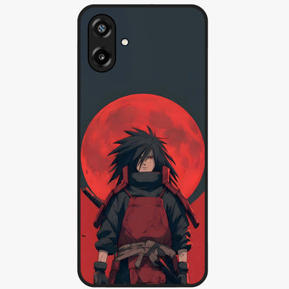 Crimson Moon Warlord Glass Case showing flat back view with mystical moon warrior artwork and glossy glass finish.