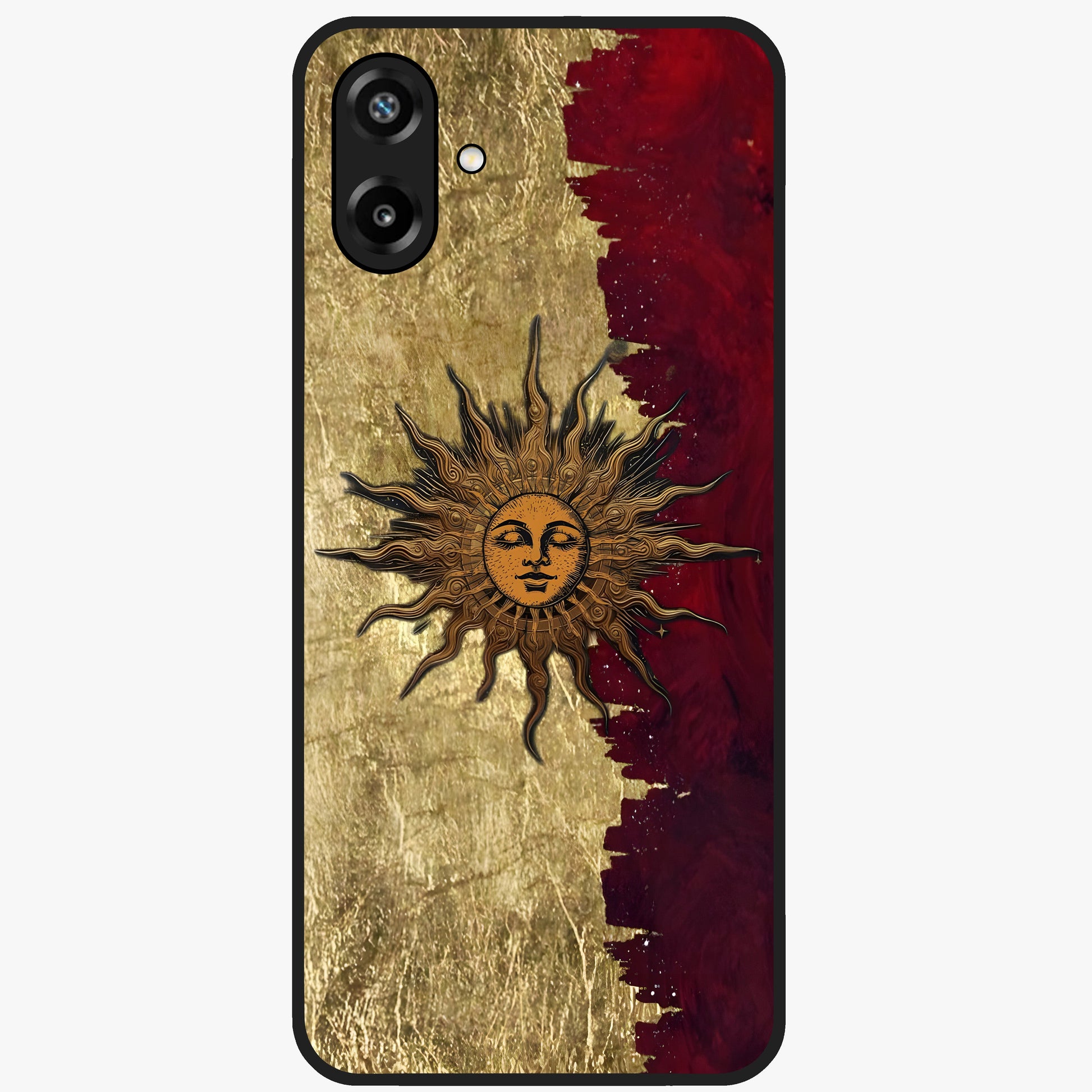 Crimson Sun Majesty Glass Case showing flat back view with radiant sun inspired artwork and glossy glass finish.