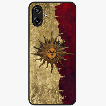 Crimson Sun Majesty Glass Case showing flat back view with radiant sun inspired artwork and glossy glass finish.