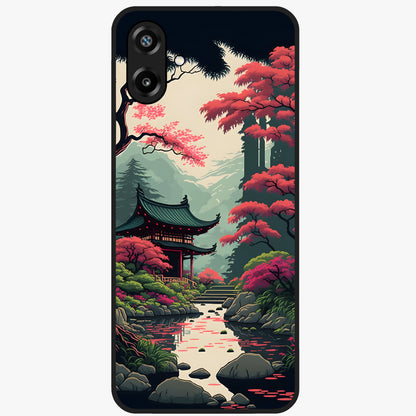 Crimson Temple View Glass Case showing flat back view with temple inspired artwork and glossy glass finish.