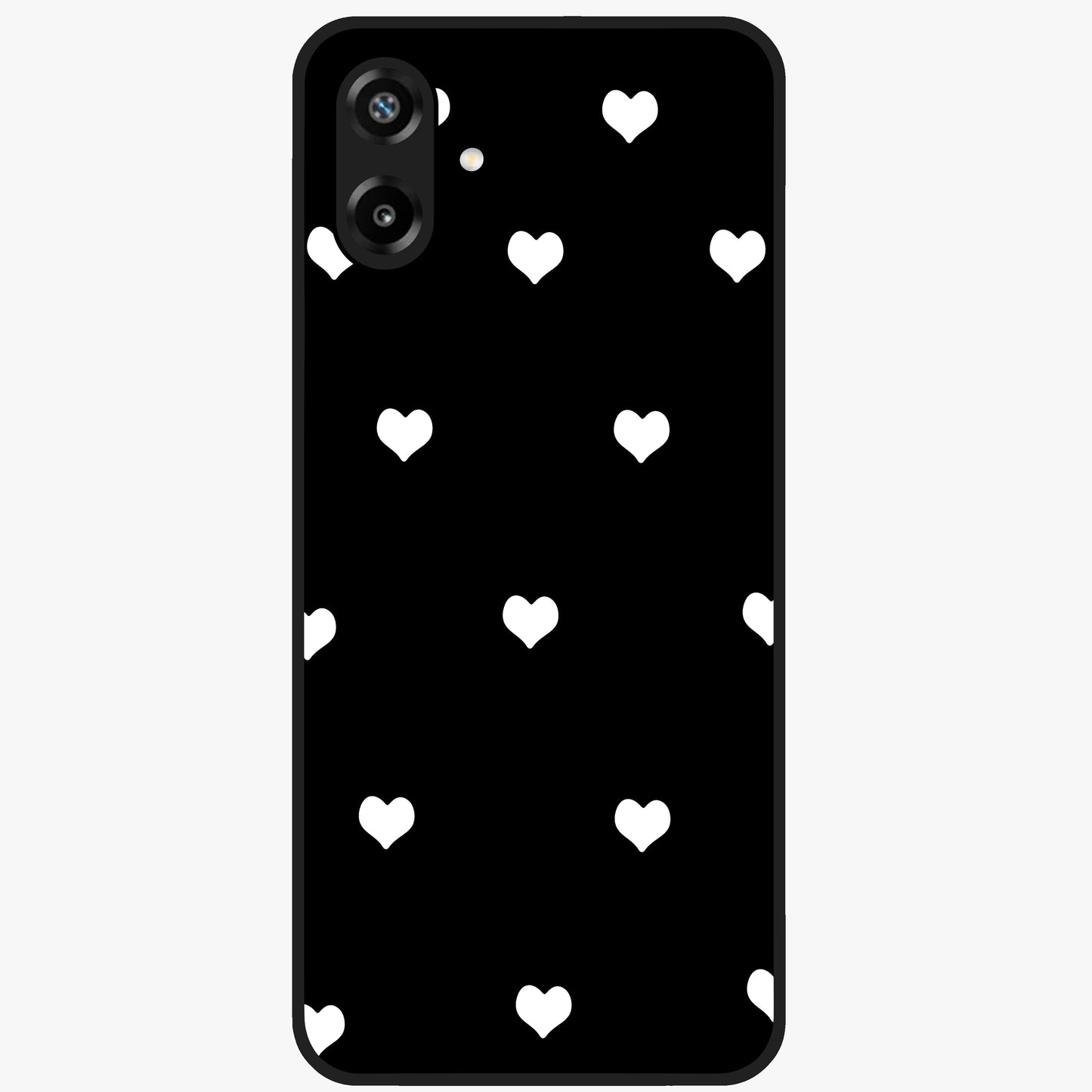 Cute And Simple White Hearts Glass Case showing flat back view with minimal white heart pattern and glossy glass finish.