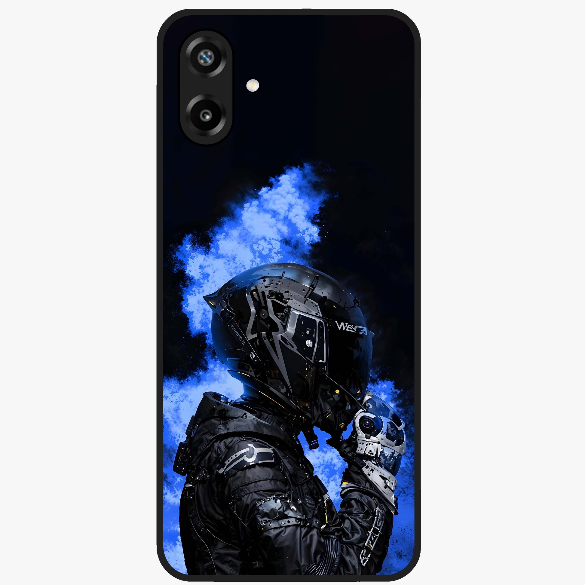 Cyber Sentinel Protocol Glass Case showing flat back view with futuristic cyber themed artwork and glossy glass finish.