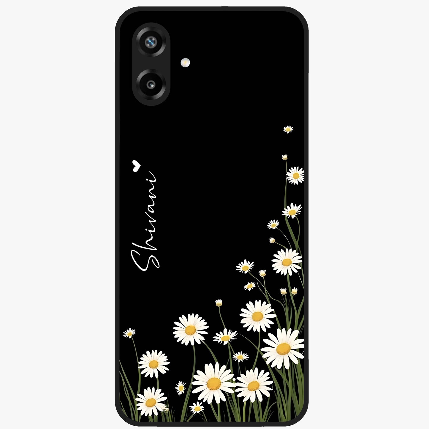 Daisy Cascade Custom Name Glass Case showing flat back view with cascading daisy flowers and personalized name design.