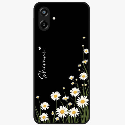 Daisy Cascade Custom Name Glass Case showing flat back view with cascading daisy flowers and personalized name design.